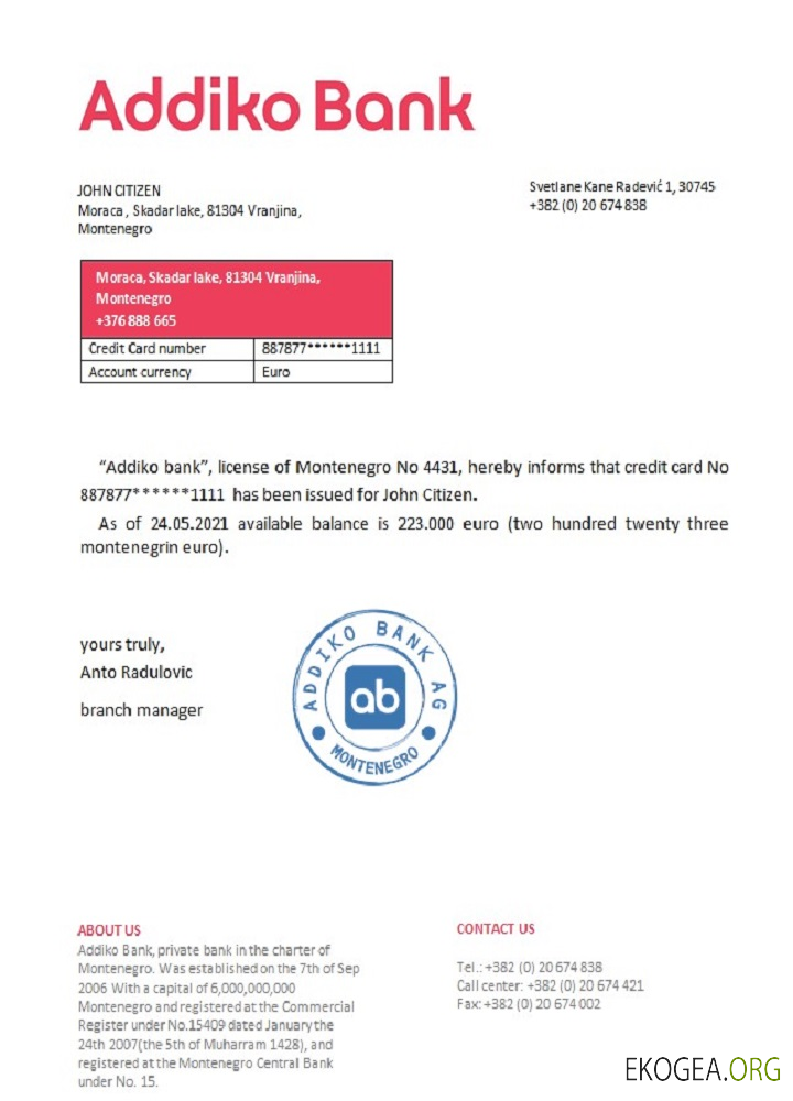 Monténégro , Addiko bank , reference